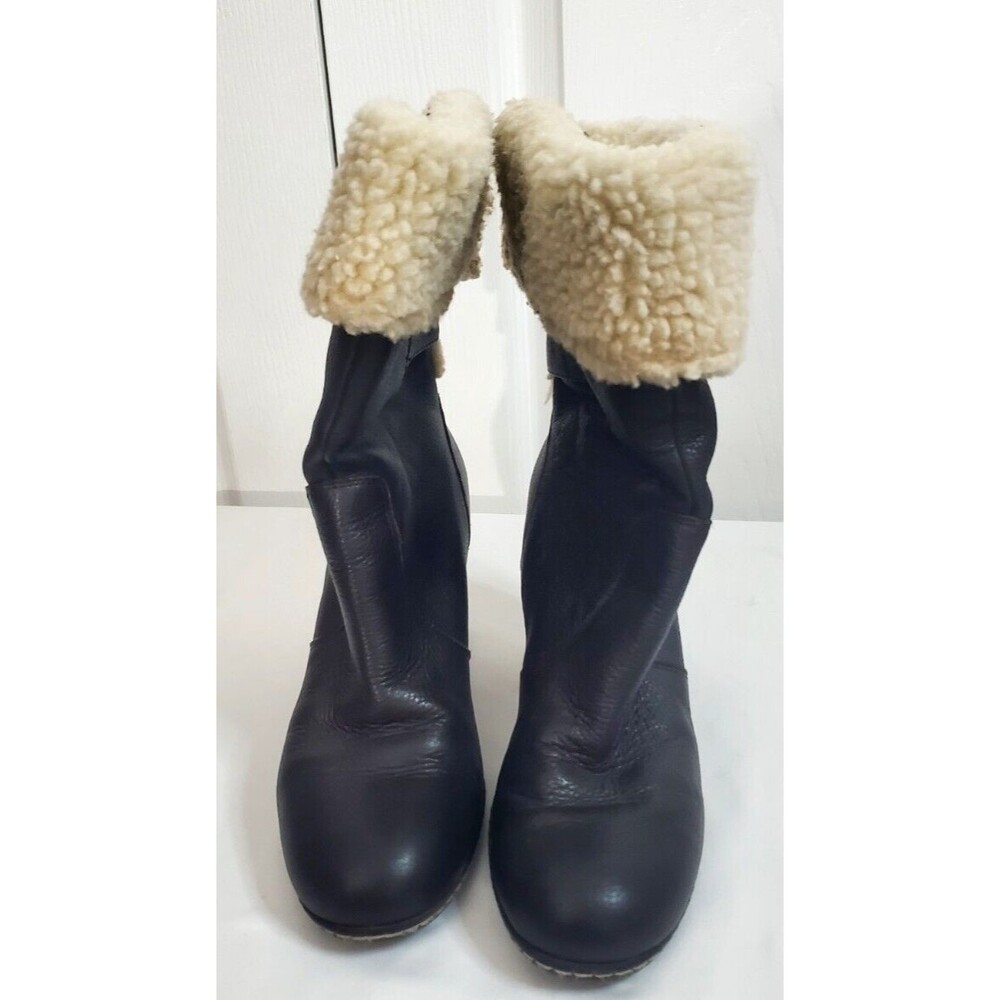 Tommy Girl Tommy Hilfiger Brown Leather Heel Boot Adjustable Faux Fur Trim 7 EUC